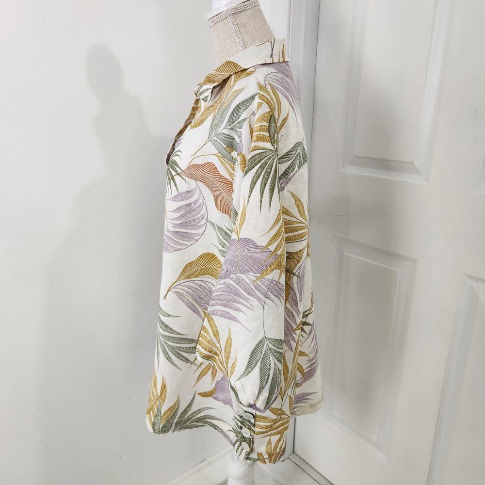 Tahari Linen Top Womens 1X Cream Floral Leaves Tropical Button Side Resort - Picture 3 of 16